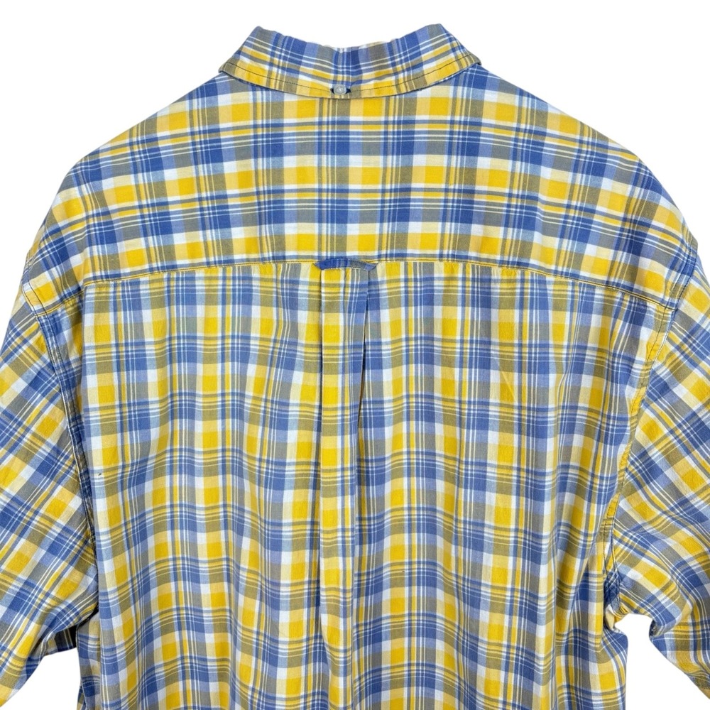 Vintage 90s Eddie Bauer Yellow Blue Plaid Short Sleeve Shirt Cotton Preppy Sz L - Picture 4 of 7